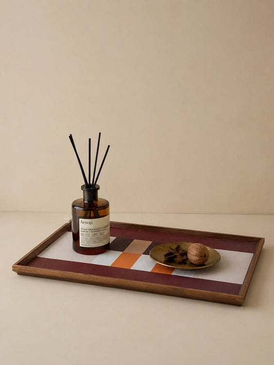 GEOMETRIC WOOD & FAUX LEATHER TRAY